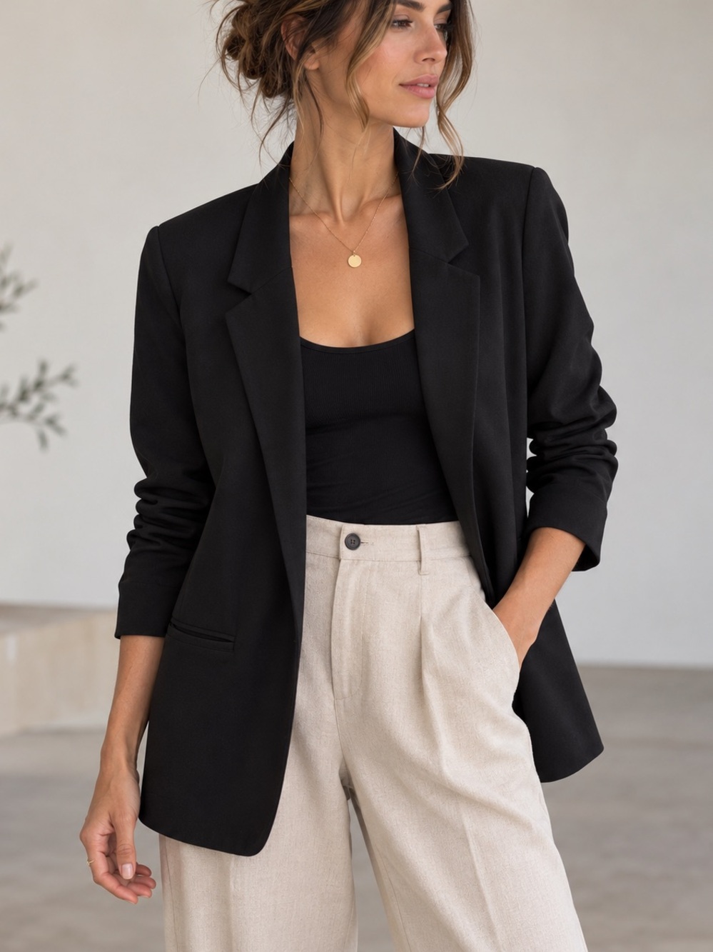 Silence + Noise Black Open Front Boyfriend Blazer Satin Lined